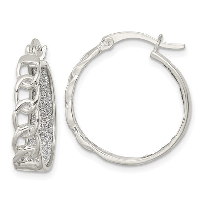 Sterling Silver Polished Fabric Glitter Hoop & Links Round Earrings
