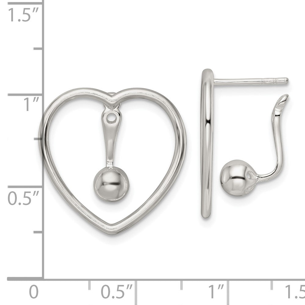 Sterling Silver Polished Heart W/Drop And Dangle Ball Threader Post Earring