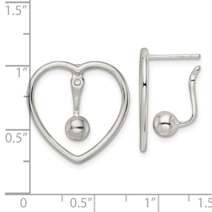 Sterling Silver Polished Heart W/Drop And Dangle Ball Threader Post Earring