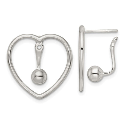 Sterling Silver Polished Heart W/Drop And Dangle Ball Threader Post Earring