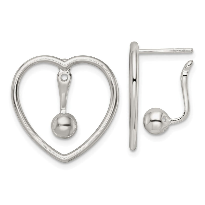 Sterling Silver Polished Heart W/Drop And Dangle Ball Threader Post Earring