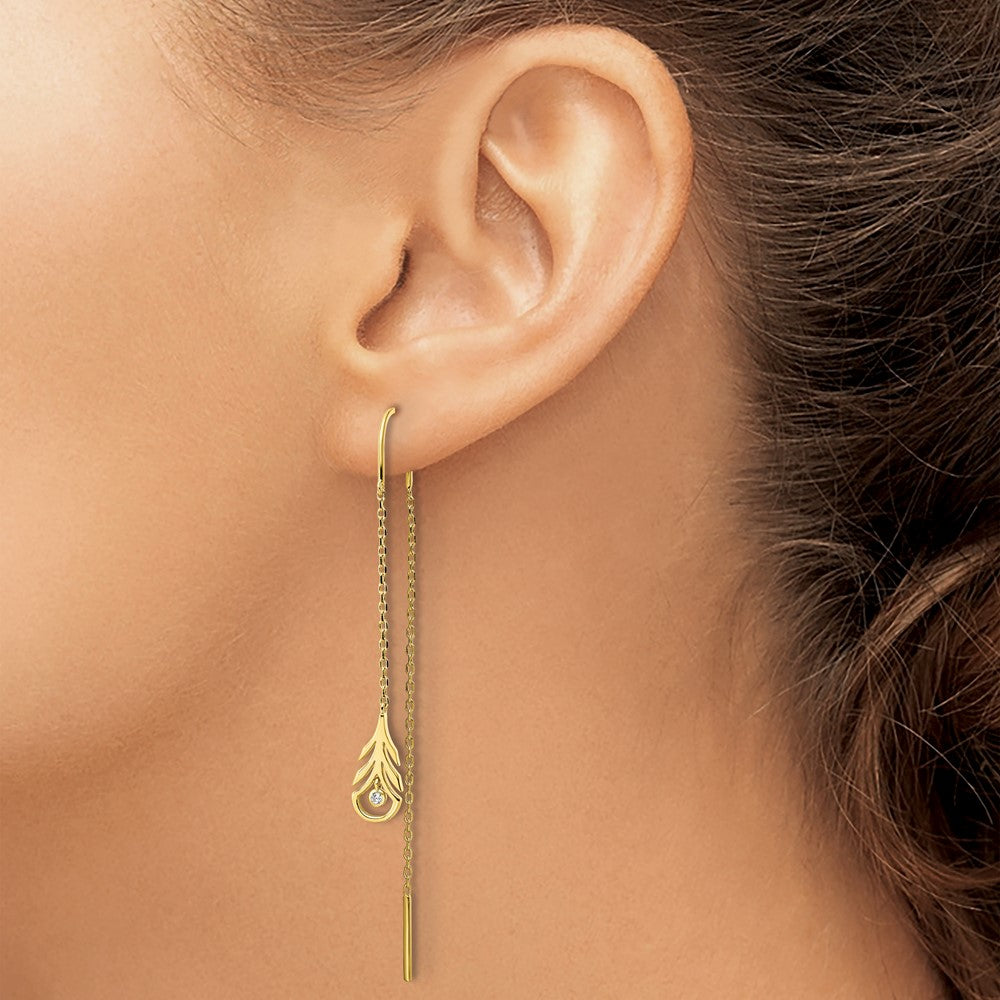 Sterling Silver Gold-Tone Polished Cz Feather Threader Earrings