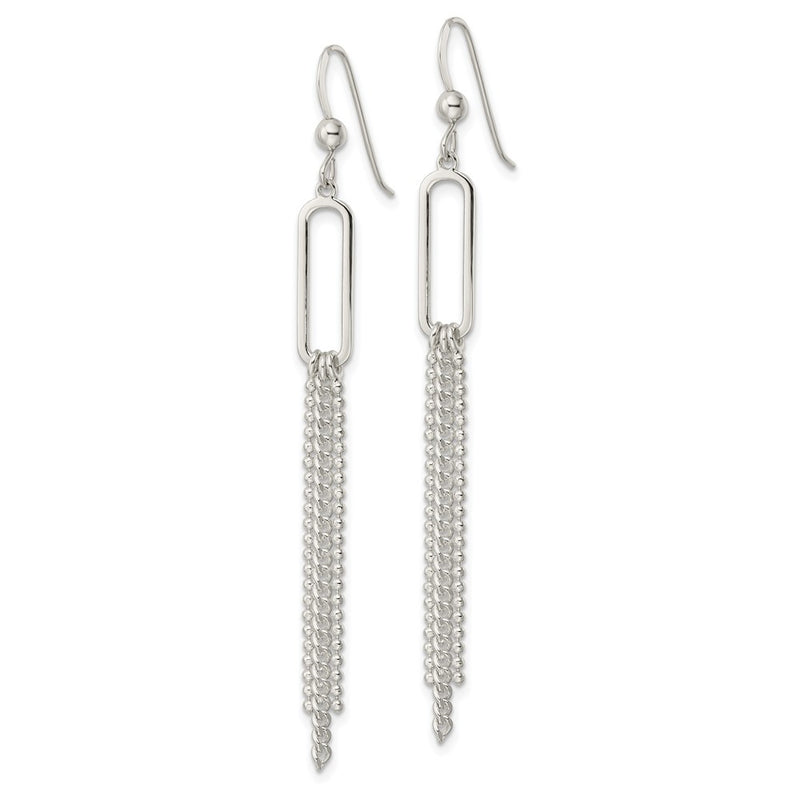 Sterling Silver Polished Oval And Multi-Strand Beaded Chain Dangle Earrings