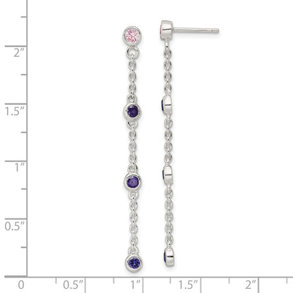 Sterling Silver Chain W/Pink And Purple Bezel Czs Dangle Post Earrings