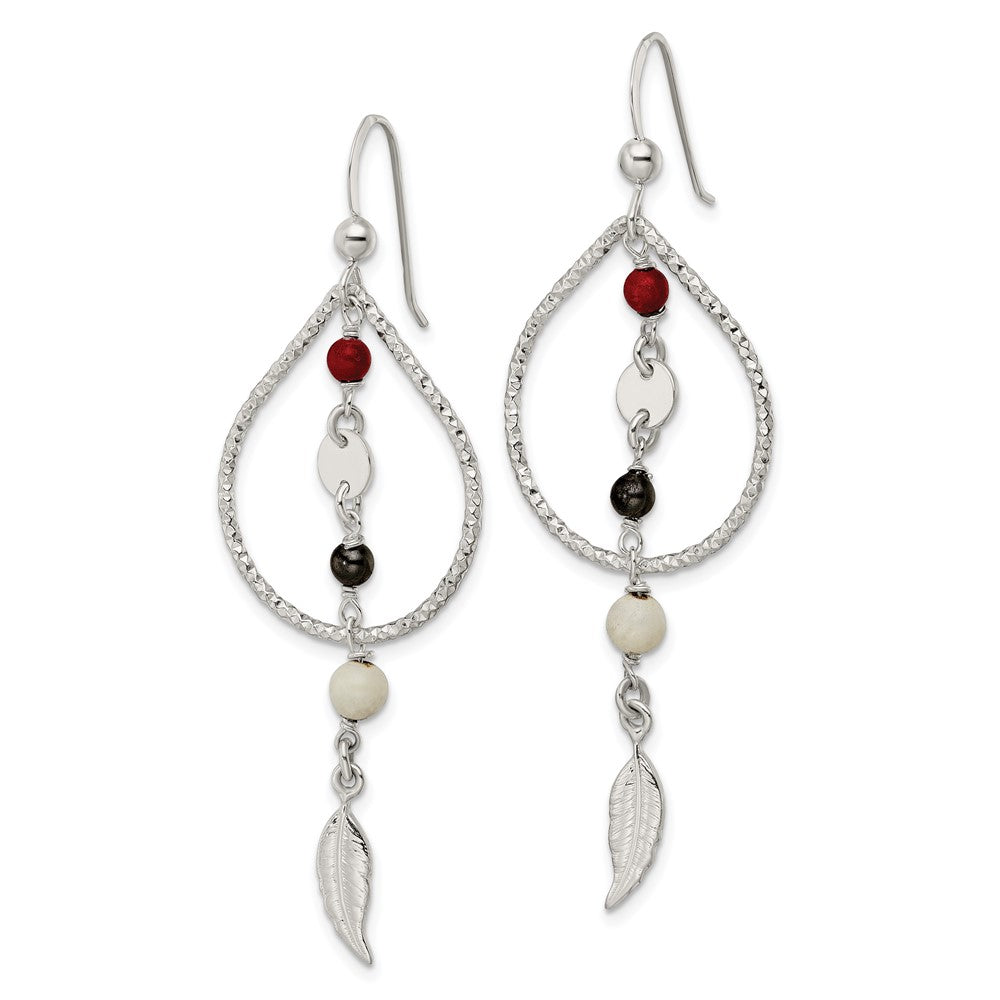 Sterling Silver Diamond-Cut Red Black & Ivory Coral Feather Dangle Earrings