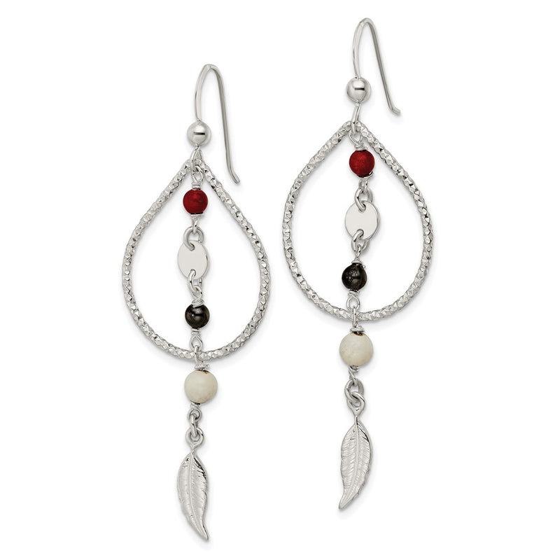Sterling Silver Diamond-Cut Red Black & Ivory Coral Feather Dangle Earrings