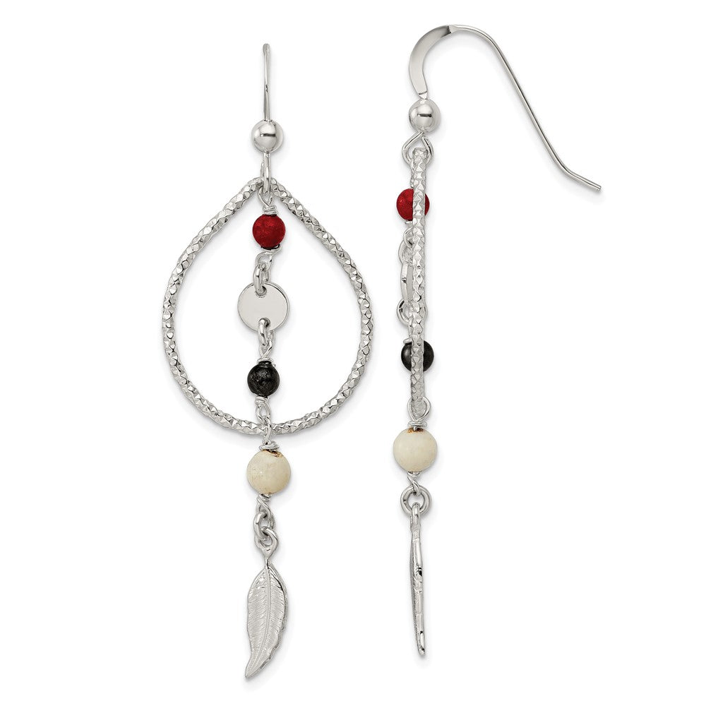 Sterling Silver Diamond-Cut Red Black & Ivory Coral Feather Dangle Earrings