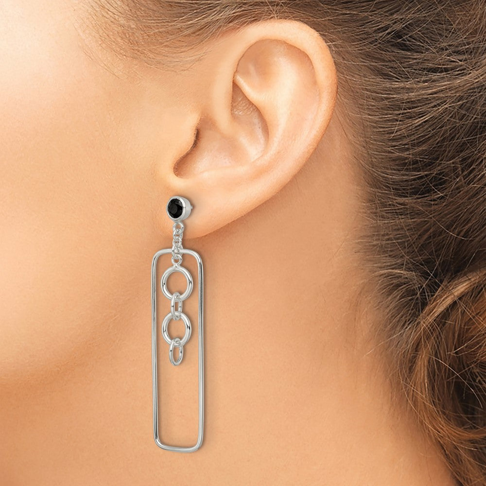 Sterling Silver Black Cz Rectangle And Chain Dangle Post Earrings