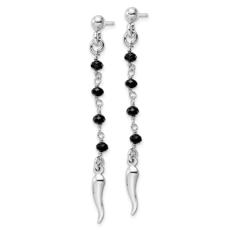 Sterling Silver Rhodium-Plated Black Glass Beads Italian Horn Dangle Earrin