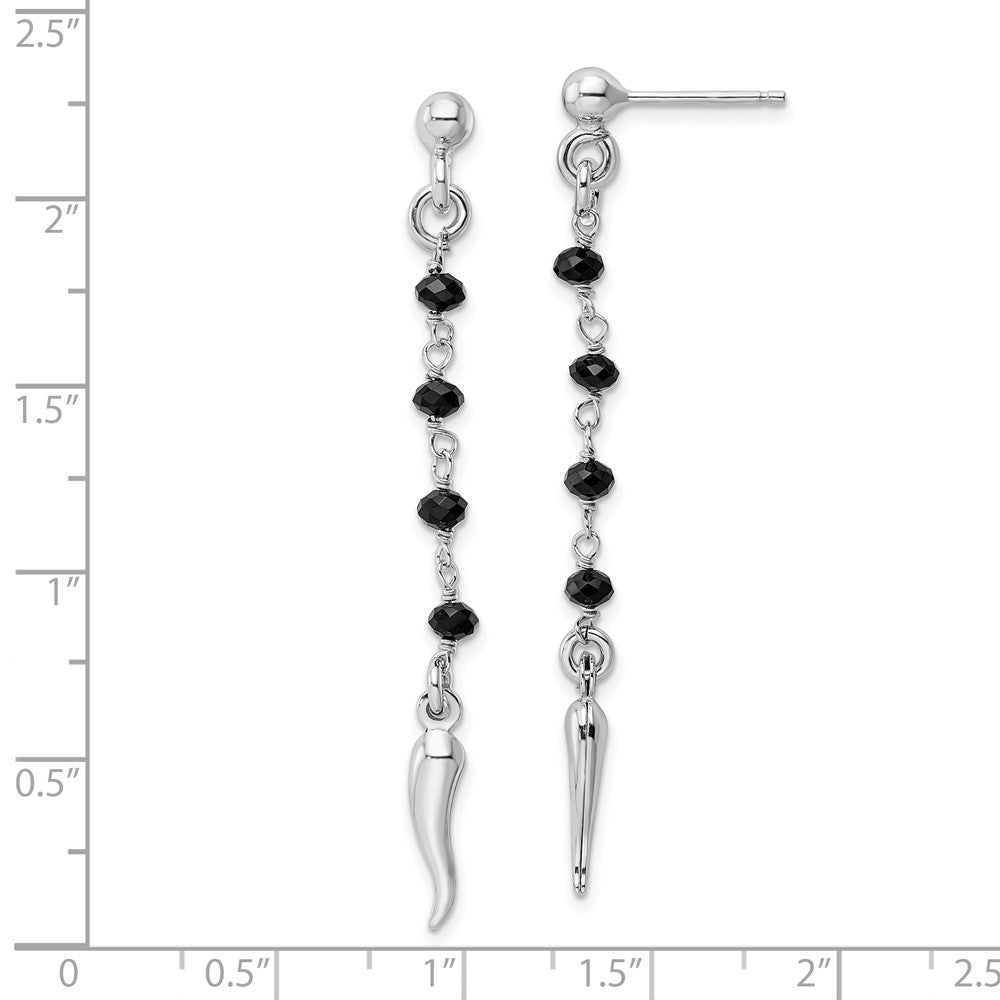 Sterling Silver Rhodium-Plated Black Glass Beads Italian Horn Dangle Earrin