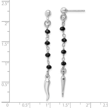 Sterling Silver Rhodium-Plated Black Glass Beads Italian Horn Dangle Earrin