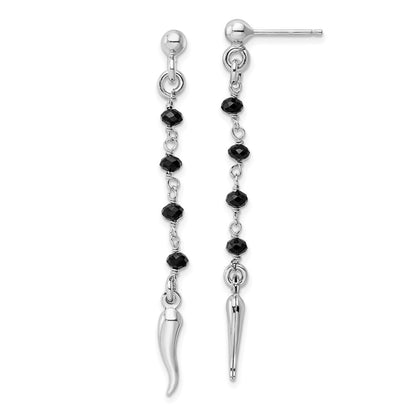 Sterling Silver Rhodium-Plated Black Glass Beads Italian Horn Dangle Earrin