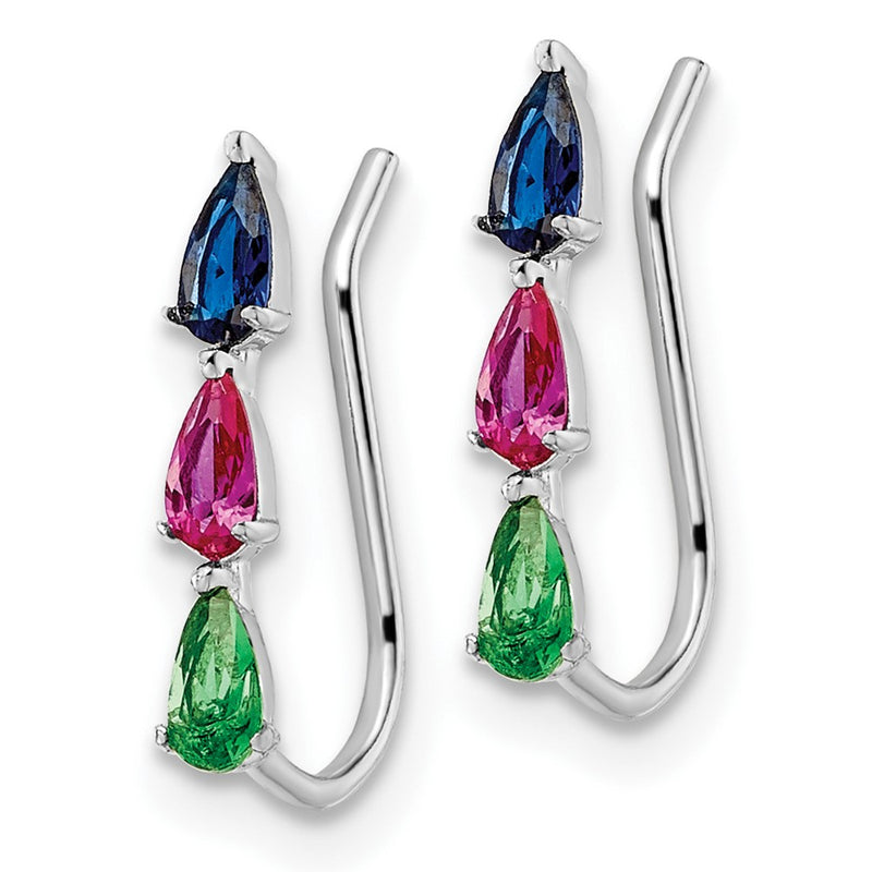 Sterling Silver Rh-Plated Polished Multi-Color Pear Cz Ear Climber Earrings