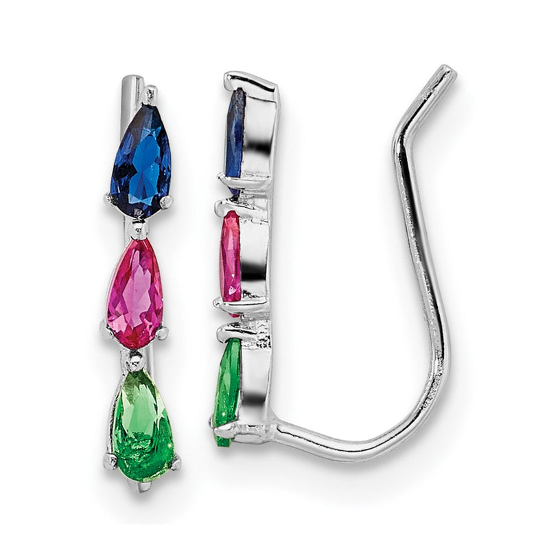 Sterling Silver Rh-Plated Polished Multi-Color Pear Cz Ear Climber Earrings