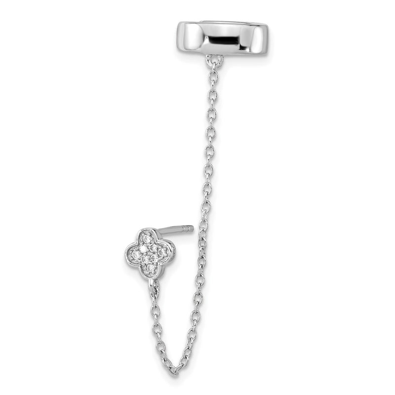 Sterling Silver Rh-Plated Cz Flower W/ 2Inch Chain Single Post & Cuff Earr