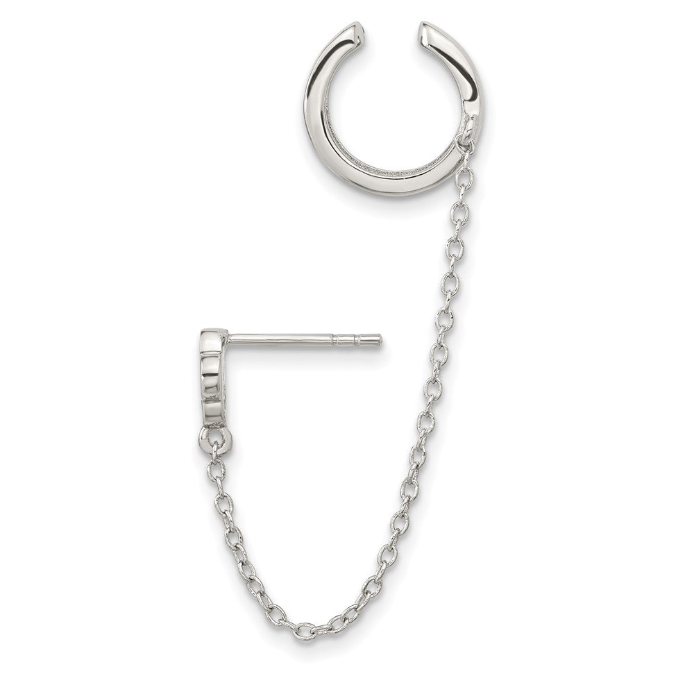 Sterling Silver Rh-Plated Cz Flower W/ 2Inch Chain Single Post & Cuff Earr