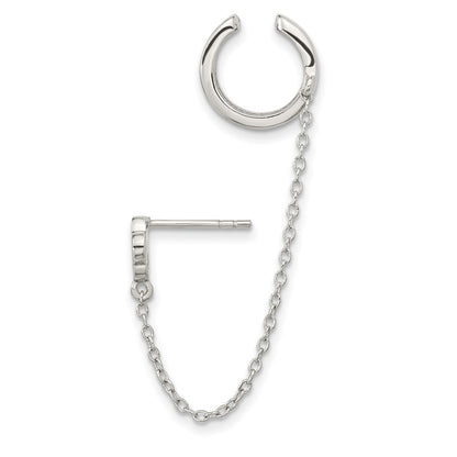 Sterling Silver Rh-Plated Cz Flower W/ 2Inch Chain Single Post & Cuff Earr