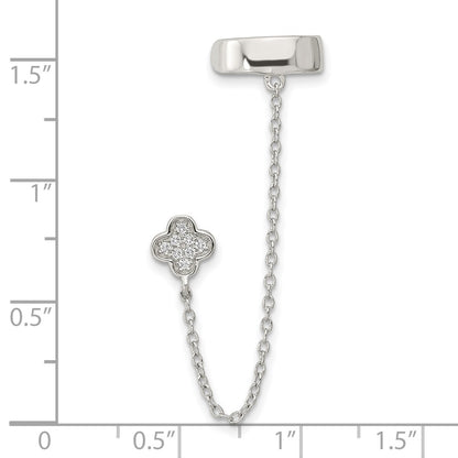 Sterling Silver Rh-Plated Cz Flower W/ 2Inch Chain Single Post & Cuff Earr
