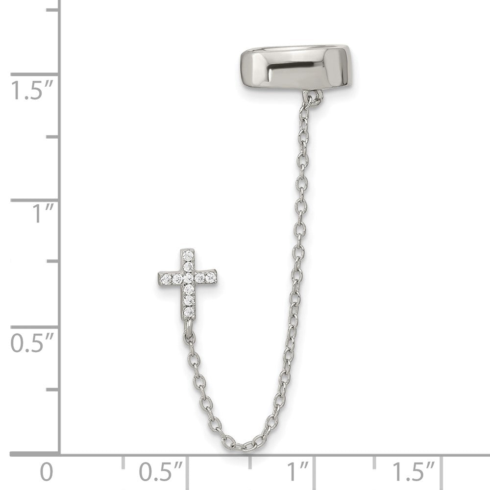 Sterling Silver Rh-Plated Cz Cross W/ 2In Chain Single Post & Cuff Earrin