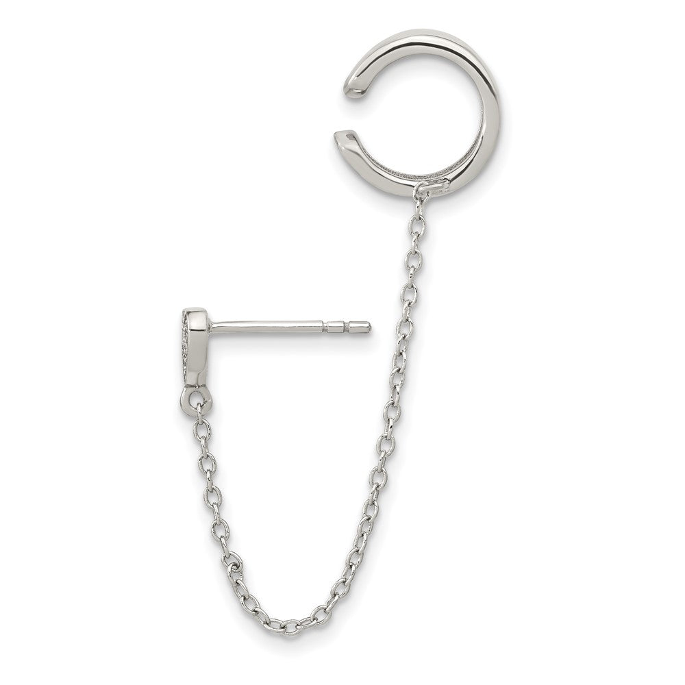 Sterling Silver Rh-Plated Cz Heart W/ 2In Chain Single Post & Cuff Earrin