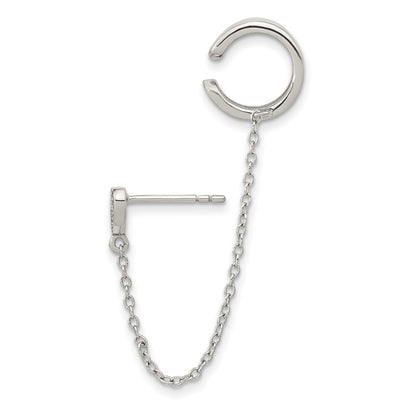 Sterling Silver Rh-Plated Cz Heart W/ 2In Chain Single Post & Cuff Earrin