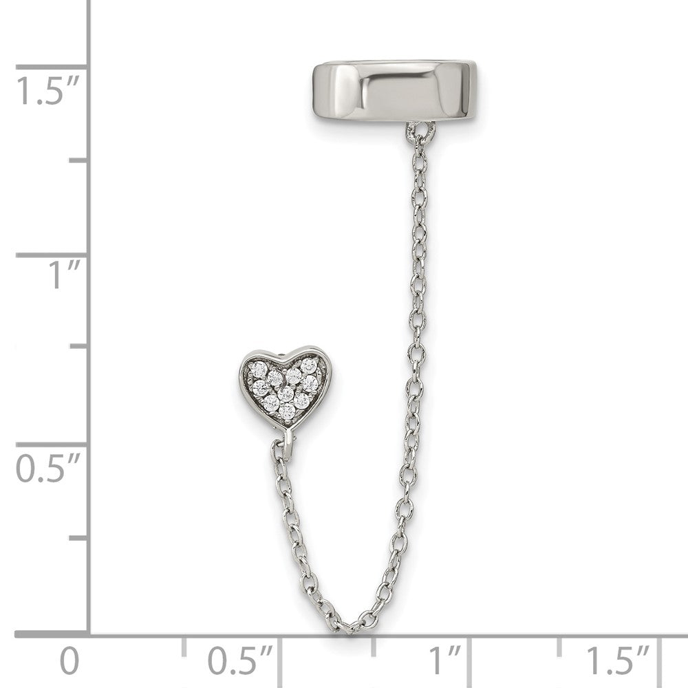 Sterling Silver Rh-Plated Cz Heart W/ 2In Chain Single Post & Cuff Earrin