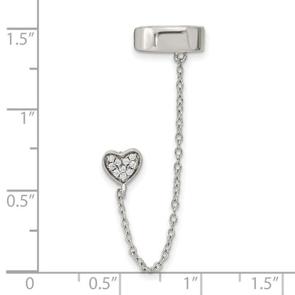 Sterling Silver Rh-Plated Cz Heart W/ 2In Chain Single Post & Cuff Earrin