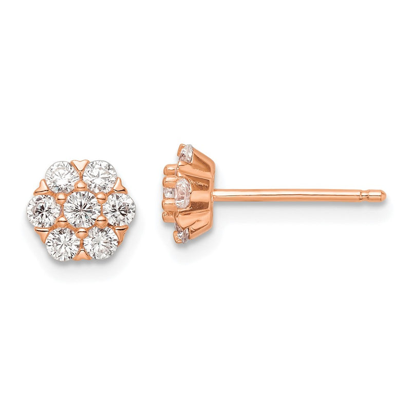 Sterling Silver Rose-Tone Polished Cz Flower Post Earrings