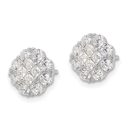 Sterling Silver Rhodium-Plated Polished Cz Cluster Flower Post Earrings