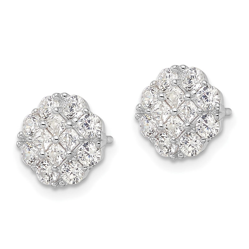 Sterling Silver Rhodium-Plated Polished Cz Cluster Flower Post Earrings