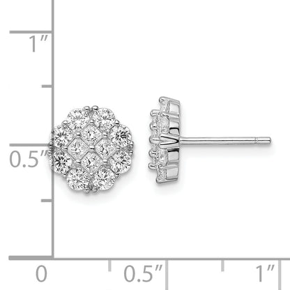 Sterling Silver Rhodium-Plated Polished Cz Cluster Flower Post Earrings