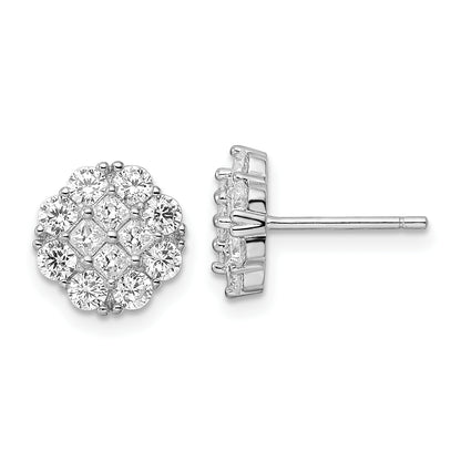 Sterling Silver Rhodium-Plated Polished Cz Cluster Flower Post Earrings