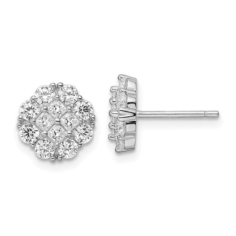 Sterling Silver Rhodium-Plated Polished Cz Cluster Flower Post Earrings