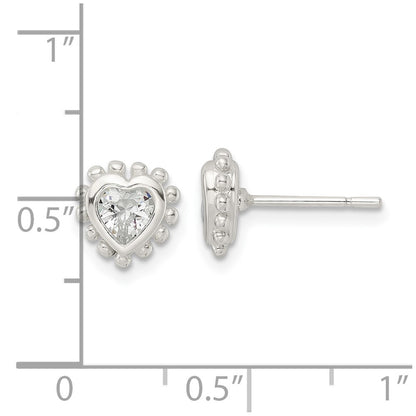 Sterling Silver Polished & Beaded Edge Heart Cz Post Earrings