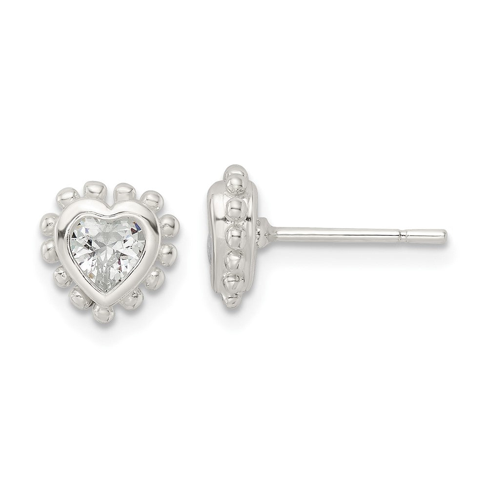 Sterling Silver Polished & Beaded Edge Heart Cz Post Earrings