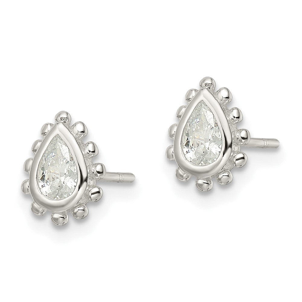 Sterling Silver Polished & Beaded Edge Pear Cz Post Earrings