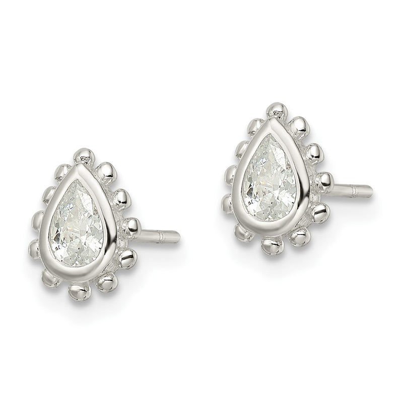 Sterling Silver Polished & Beaded Edge Pear Cz Post Earrings