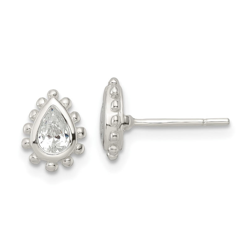 Sterling Silver Polished & Beaded Edge Pear Cz Post Earrings