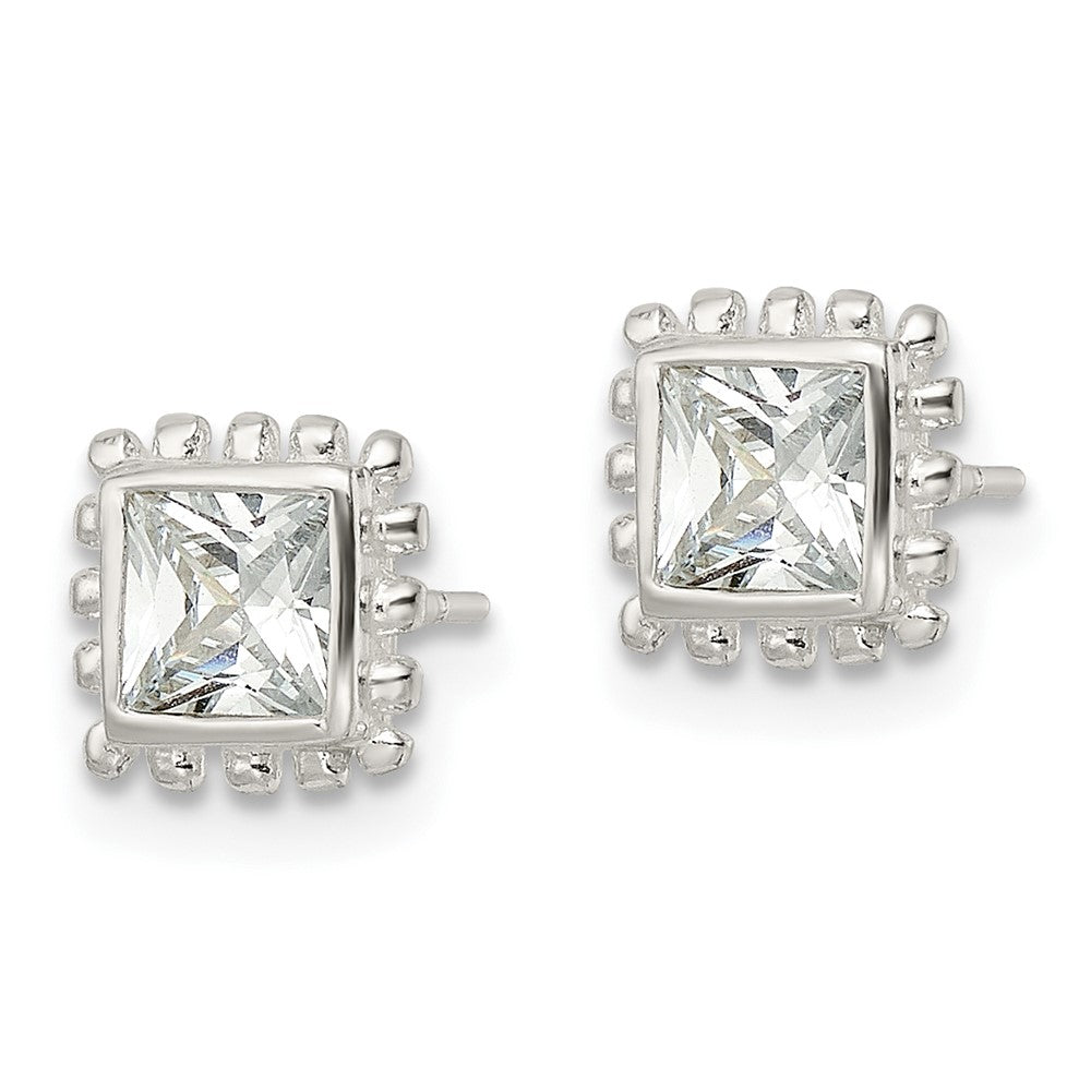 Sterling Silver Polished & Beaded Edge Square Cz Post Earrings