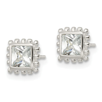 Sterling Silver Polished & Beaded Edge Square Cz Post Earrings