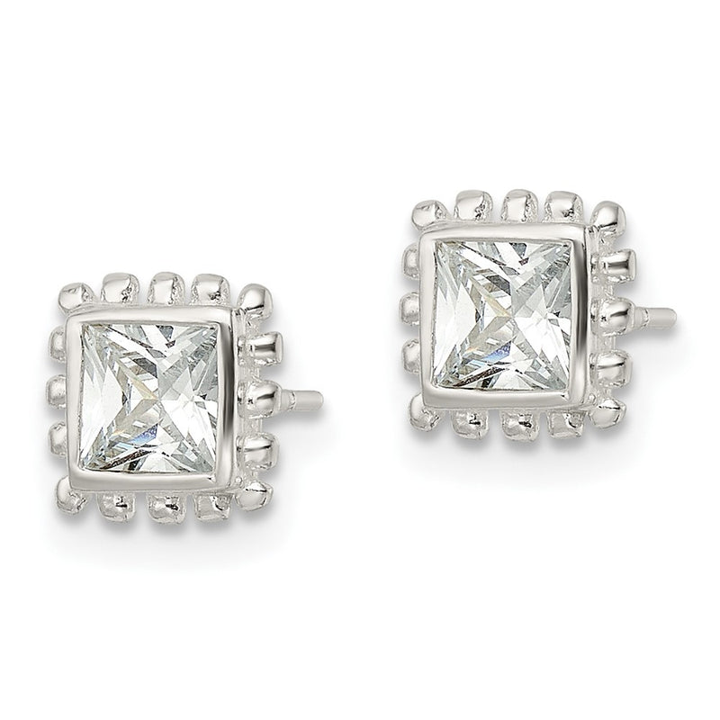 Sterling Silver Polished & Beaded Edge Square Cz Post Earrings