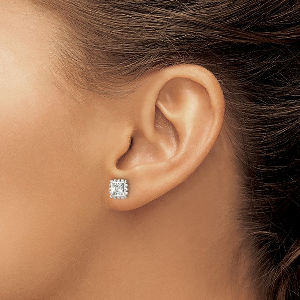 Sterling Silver Polished & Beaded Edge Square Cz Post Earrings