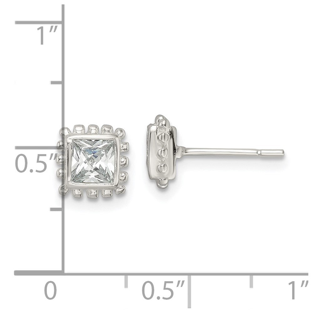 Sterling Silver Polished & Beaded Edge Square Cz Post Earrings