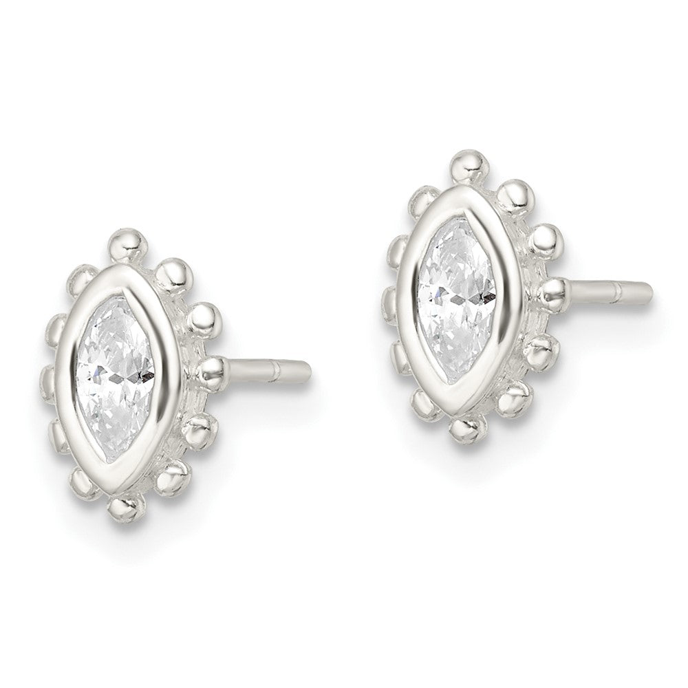 Sterling Silver Polished & Beaded Edge Marquise Cz Post Earrings