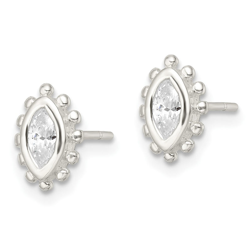 Sterling Silver Polished & Beaded Edge Marquise Cz Post Earrings