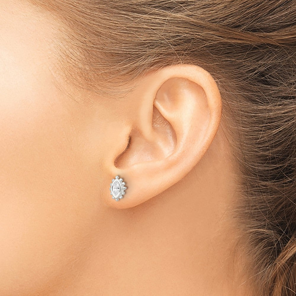 Sterling Silver Polished & Beaded Edge Marquise Cz Post Earrings