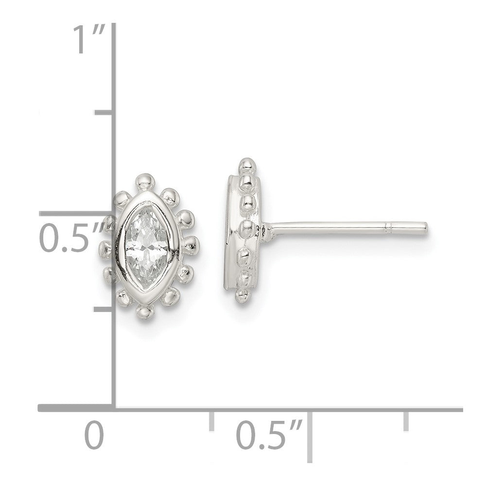 Sterling Silver Polished & Beaded Edge Marquise Cz Post Earrings
