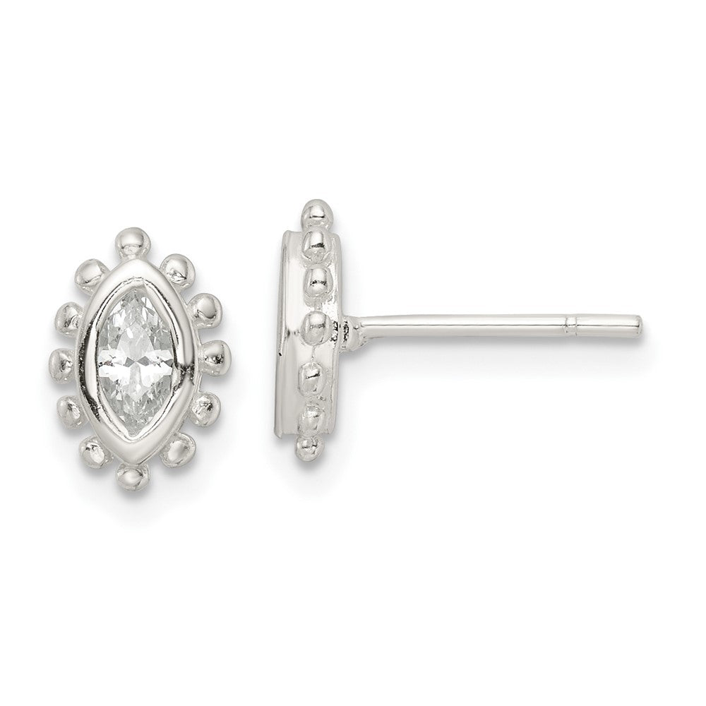 Sterling Silver Polished & Beaded Edge Marquise Cz Post Earrings