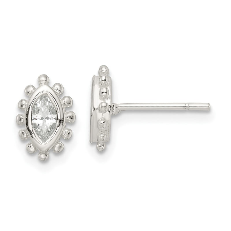 Sterling Silver Polished & Beaded Edge Marquise Cz Post Earrings