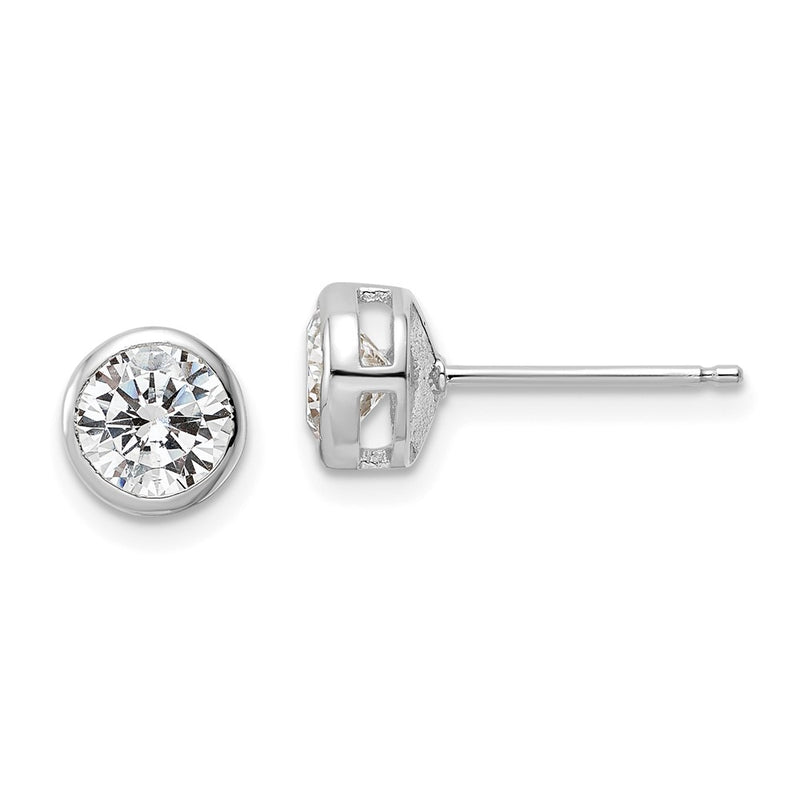 Sterling Silver Rhod-Plated Polished 6mm Round Cz Bezel Set Stud Earrings